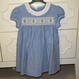Flower Smocked Blue Checked Dress